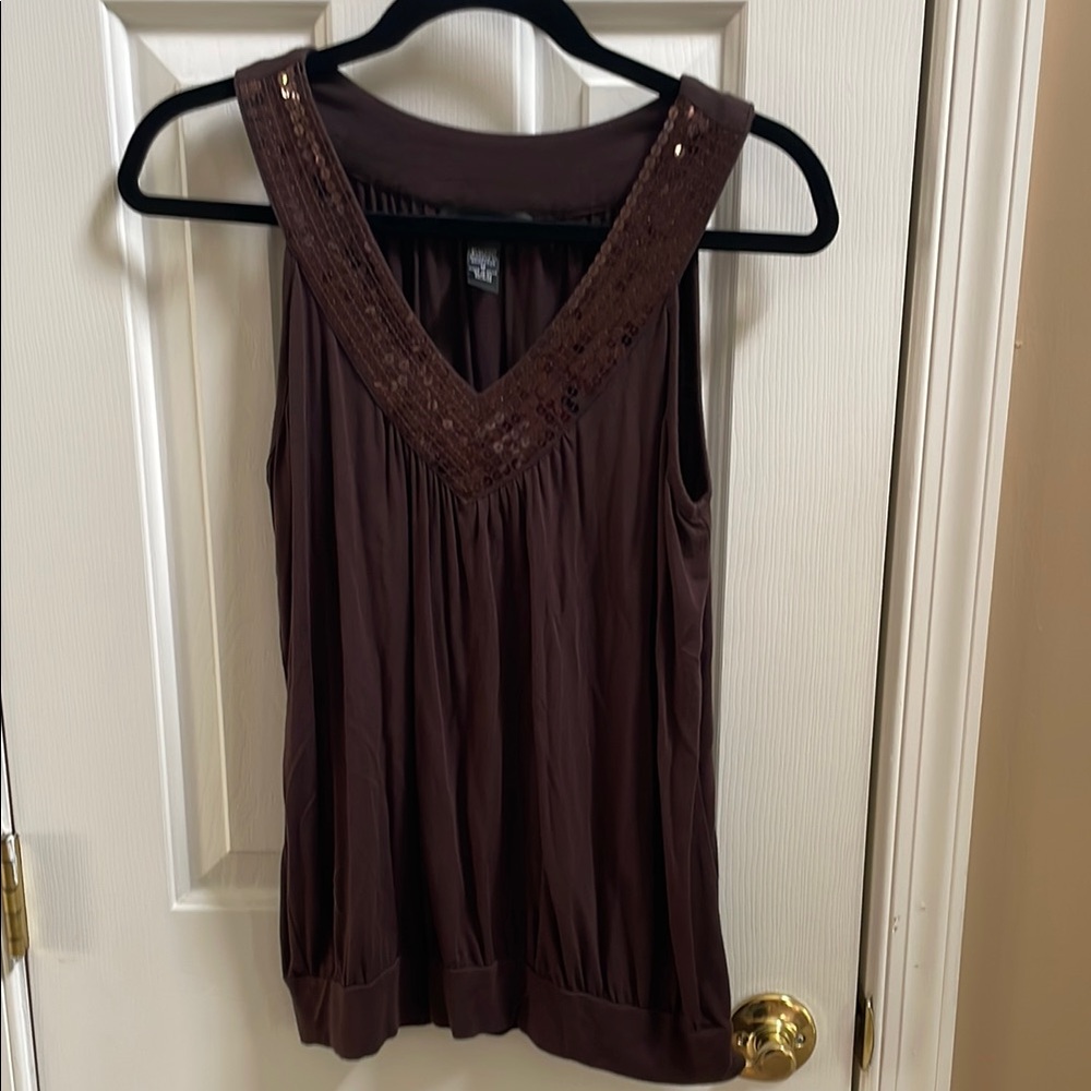 Cable & Gauge Brown Embellished Sleeveless Tank Top